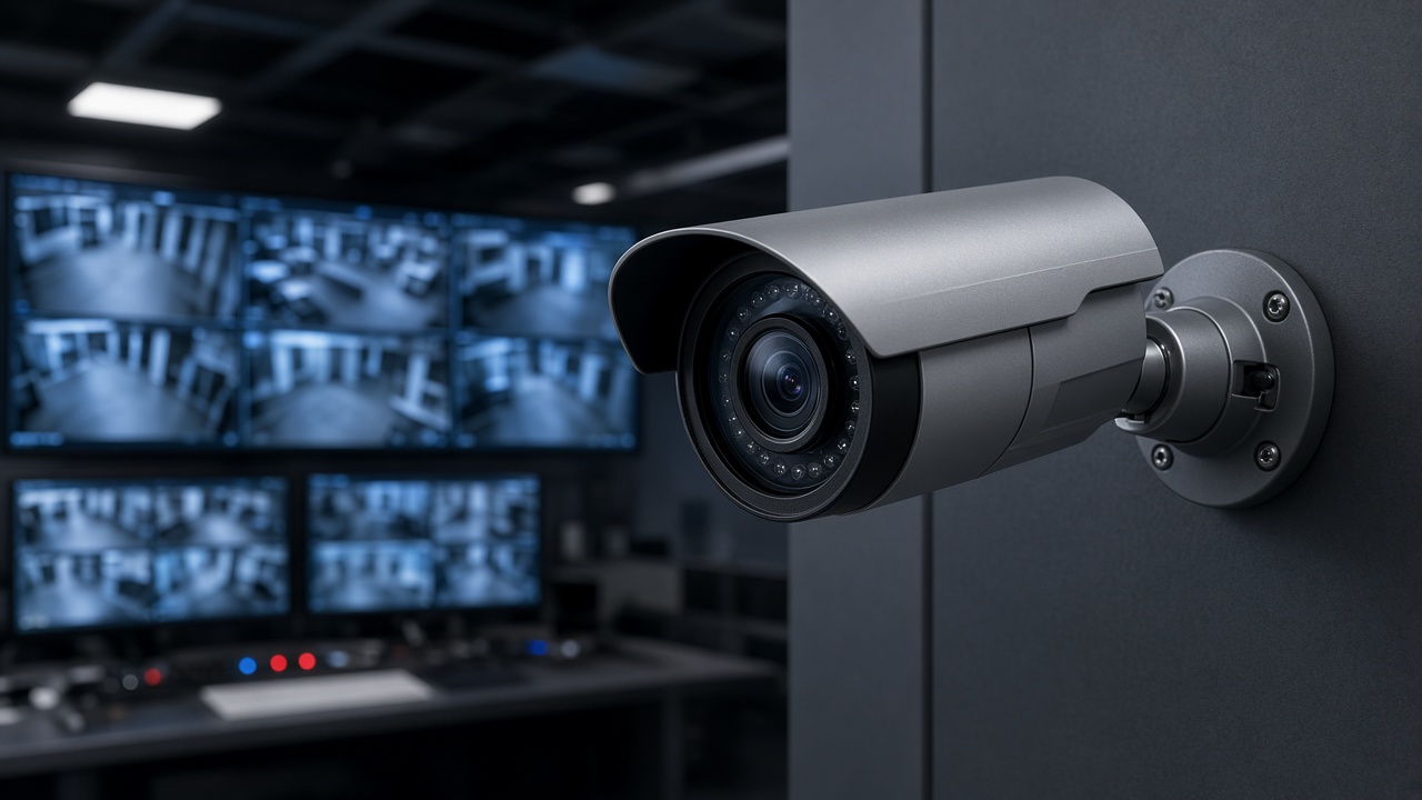 Grey security camera with control-room monitors in the background