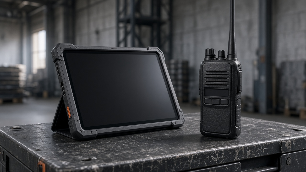 Rugged tablet and two-way radio on a worn metal toolbox