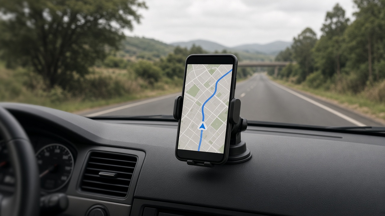 Phone mount and tracker on a bakkie dashboard, road ahead
