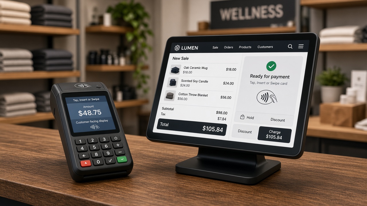 Card payment terminal and tablet on a shop counter