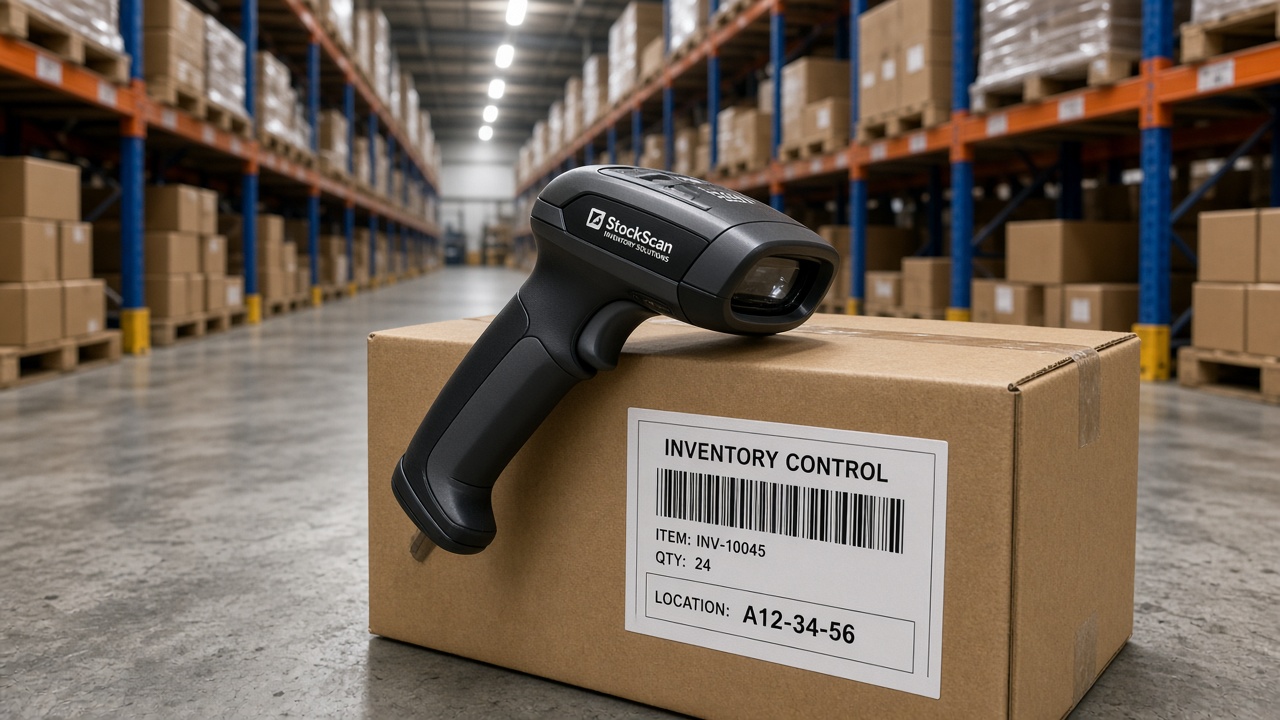 Barcode scanner resting on a carton in a stockroom aisle