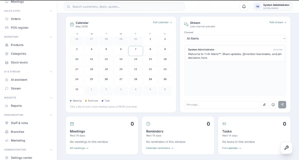 4DS Nexus CRM dashboard with calendar, meetings, tasks, and sales tools