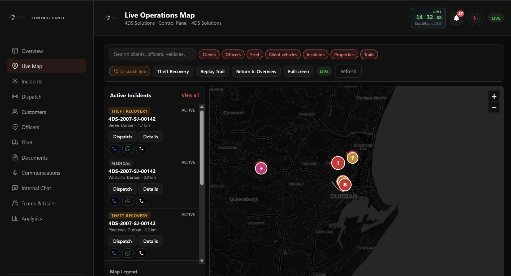 4DS Solutions live operations map with incidents, dispatch, and fleet tracking in Durban