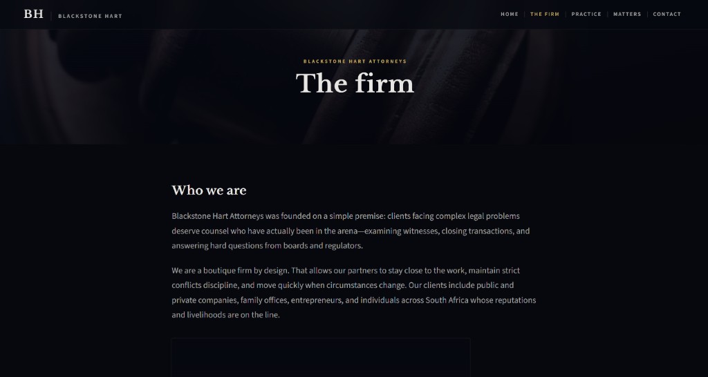 Professional law firm website design with dark editorial styling