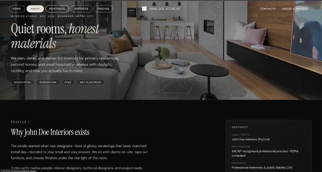 Business about page with hero photography and structured content layout